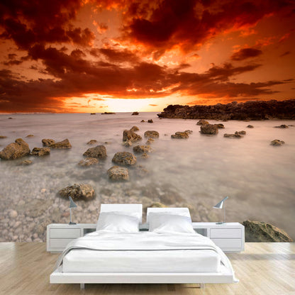 Frendorf | Huge Sea Shoal Stones Mural Indoor Sunset Landscape Wall Covering in White-Orange, Stain-Proof