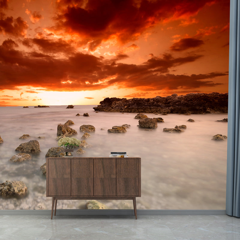 Frendorf | Huge Sea Shoal Stones Mural Indoor Sunset Landscape Wall Covering in White-Orange, Stain-Proof