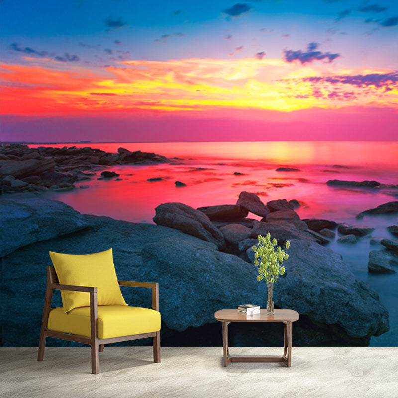 Frendorf | Grote tropische muurpapier muurschildering blauw-roze kuststeen met avondgloed wandkunst, op maat gemaakt