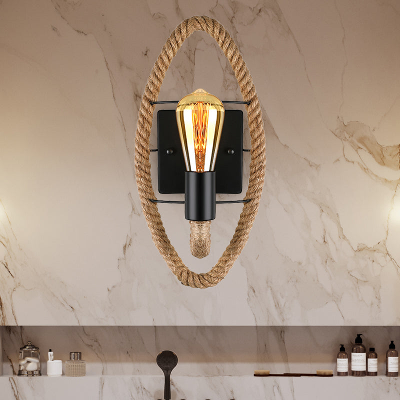Frendorf | Geseilde ronde/ovale wandlamp met blote gloeilamp nautische stijl 1 licht restaurant wandlamp verlichting in zwart