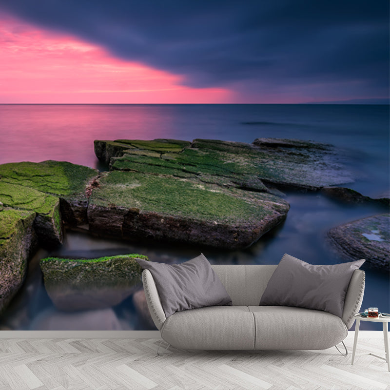 Pink-Blauer Sonnenuntergang Ozean Wandtattoo Stein mit Gras Modern Wasserdichtes Wandcover