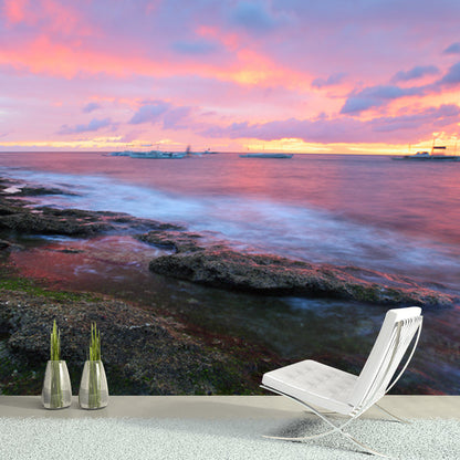 Frendorf | Sunset Boat Rock Shore Mural Tropisch Non-Woven Stoff Wandbekleding in Pink-Bruin