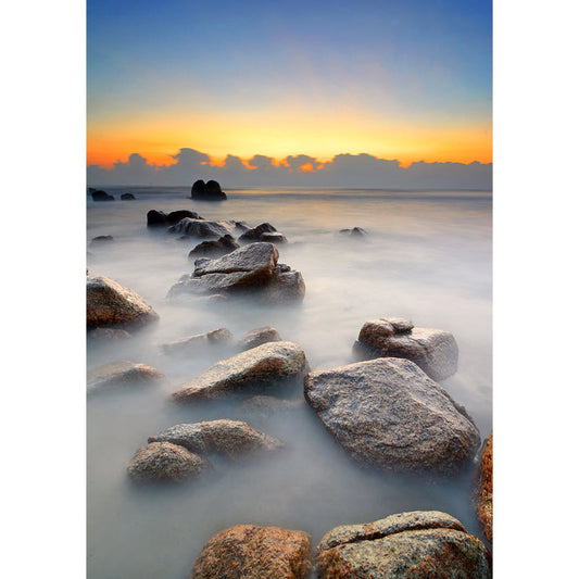 Blaue Sonnenaufgang Landschafts Wandtattoo Stein im nebligen Wasser Tropix wasserdichte Wandkunst