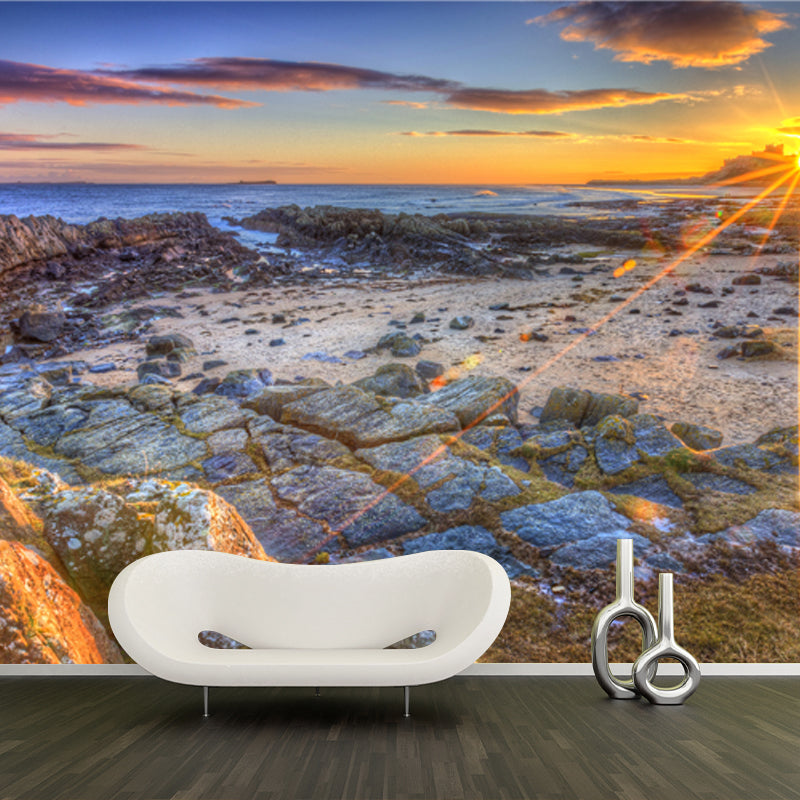 Frendorf | Foto Gedruckt Sunset Seashore Muurdecoratie Tropische Gedroogte Mossteen Wandkunst in Geel