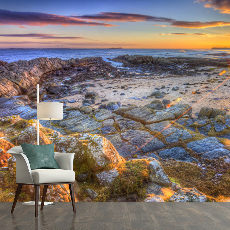 Frendorf | Foto Gedruckt Sunset Seashore Muurdecoratie Tropische Gedroogte Mossteen Wandkunst in Geel