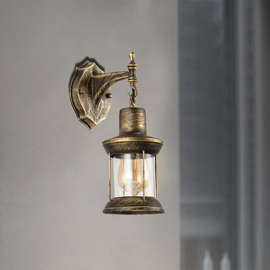 Frendorf | Ein E27 Wandlicht mit Petroleum-Schirm aus klarem Glas Traditionelle Außen-Wandleuchte in antikem Bronze