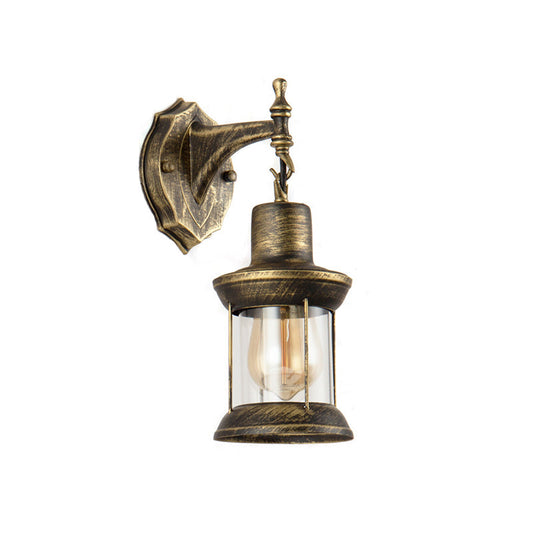 Frendorf | Ein E27 Wandlicht mit Petroleum-Schirm aus klarem Glas Traditionelle Außen-Wandleuchte in antikem Bronze