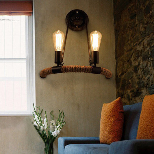 Frendorf | Rope Half-Ring Wandverlichting Vintage Stijl 2 Lichten Woonkamer Wandlamp met Blote Lamp in Zwart