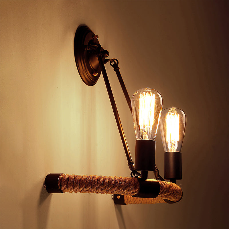Frendorf | Rope Half-Ring Wandverlichting Vintage Stijl 2 Lichten Woonkamer Wandlamp met Blote Lamp in Zwart