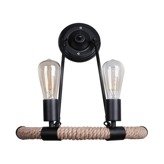Frendorf | Rope Half-Ring Wandverlichting Vintage Stijl 2 Lichten Woonkamer Wandlamp met Blote Lamp in Zwart