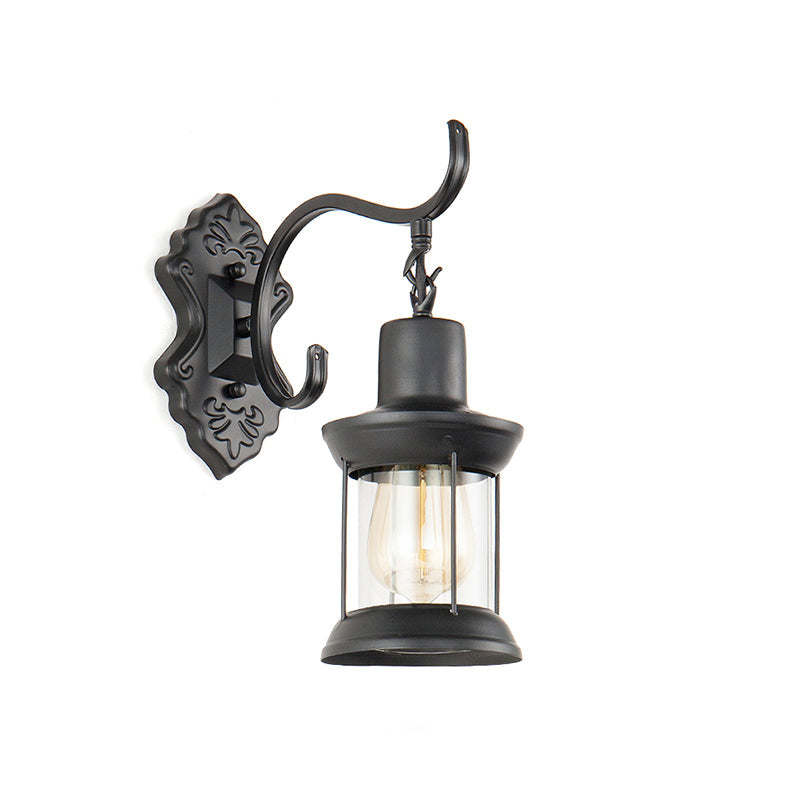 Frendorf | Lantern Klares Glas Wandmontierte Lampe Vintage Einzelne Glühbirne Outdoor Wandleuchte Licht in Schwarz mit geschnitztem Muster