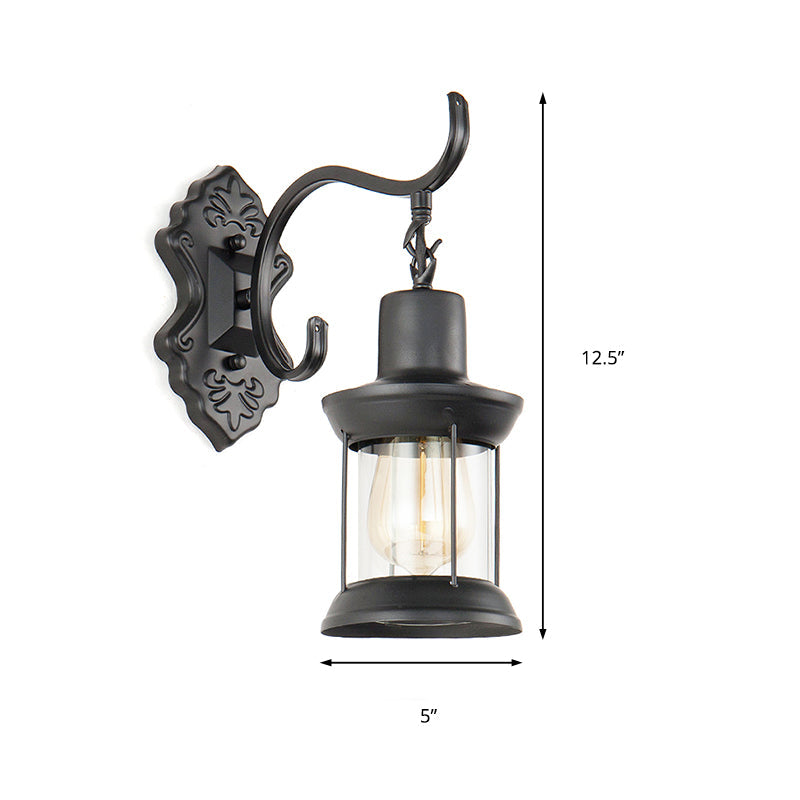 Frendorf | Lantern Klares Glas Wandmontierte Lampe Vintage Einzelne Glühbirne Outdoor Wandleuchte Licht in Schwarz mit geschnitztem Muster