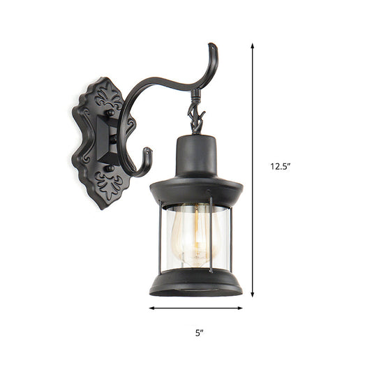 Frendorf | Lantern Klares Glas Wandmontierte Lampe Vintage Einzelne Glühbirne Outdoor Wandleuchte Licht in Schwarz mit geschnitztem Muster