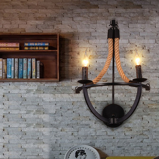 Frendorf | Loft Style Open Bulb Wandverlichting 2 Lichten Manila Touw en Metaal Wandlamp in Zwart voor Woonkamer