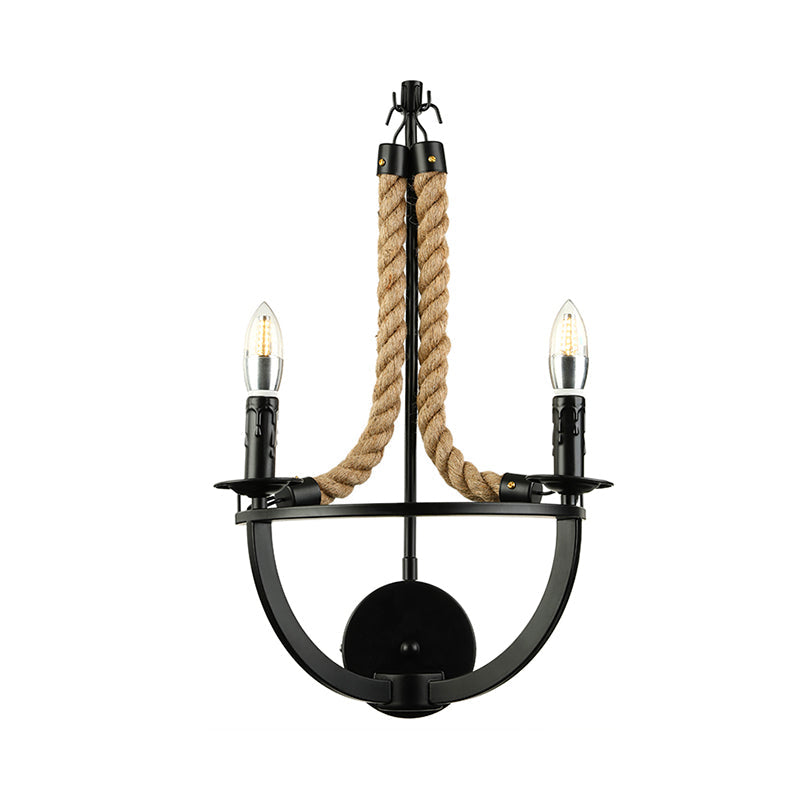 Frendorf | Loft Style Open Bulb Wandverlichting 2 Lichten Manila Touw en Metaal Wandlamp in Zwart voor Woonkamer