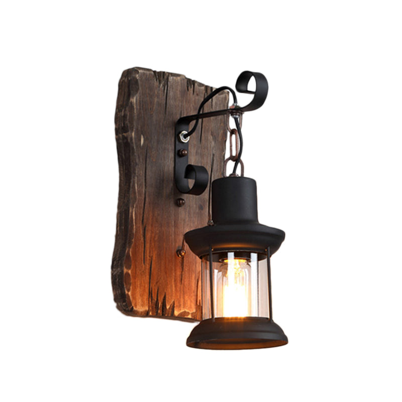 Frendorf | Schwarze Ein-Lampen-Wandleuchte Rustikales klares Glas mit Gitterbeleuchtung und Holzrückwand