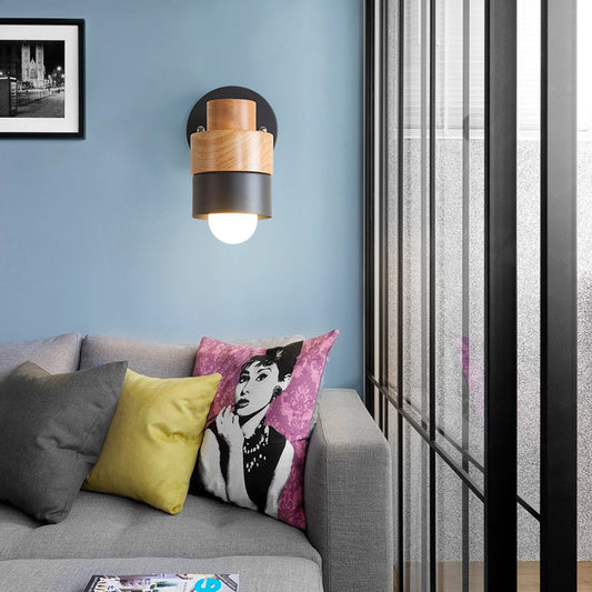 Frendorf | 1 Licht Rotatable Wand Sconces Beleuchtung Moderne Zylindrische Metall- und Holz-Wandmontage Licht in Schwarz/Weiß