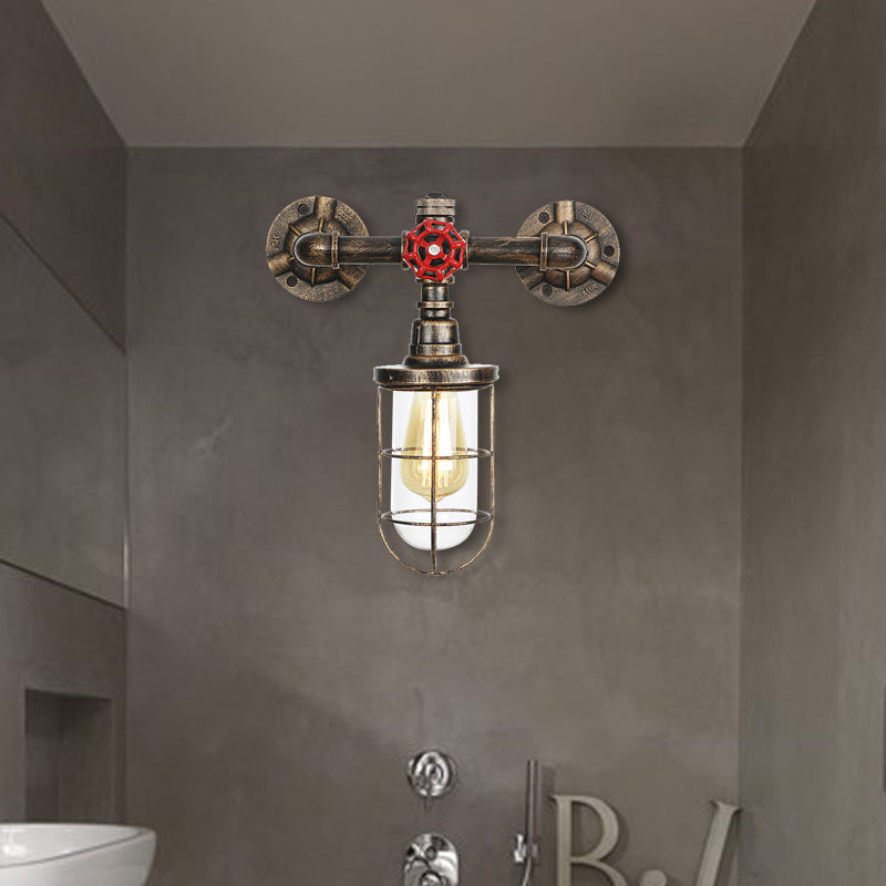 Frendorf | Draadbeschermer IJzeren Wandlamp met Waterpijp Rustieke Stijl 1 Licht Badkamer Wandlamp Fixture in Verouderd Messing