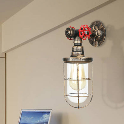 Frendorf | Draadbeschermer IJzeren Wandlamp met Waterpijp Rustieke Stijl 1 Licht Badkamer Wandlamp Fixture in Verouderd Messing