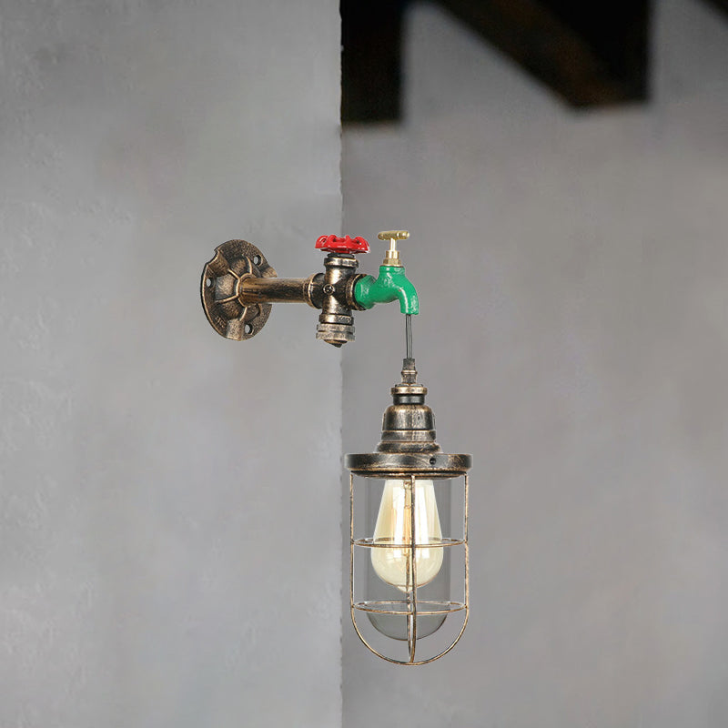 Frendorf | Faucet Design Metall Wandlampe Steampunk Stil 1 Glühbirne Balkon Wandleuchte mit Drahtschutz in Antikbronze