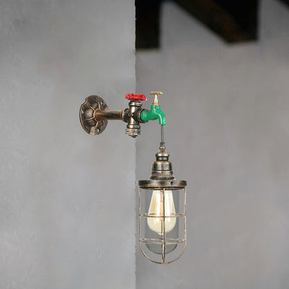 Frendorf | Faucet Design Metall Wandlampe Steampunk Stil 1 Glühbirne Balkon Wandleuchte mit Drahtschutz in Antikbronze