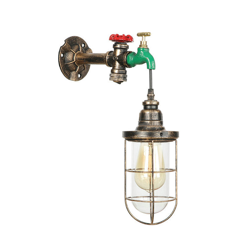 Frendorf | Faucet Design Metall Wandlampe Steampunk Stil 1 Glühbirne Balkon Wandleuchte mit Drahtschutz in Antikbronze