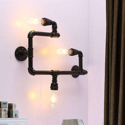 Frendorf | Industrielle Gedrehte Rohrwandlampe 3 Köpfe Eisen Wandmontierte Lichtquelle in Schwarz für Restaurant