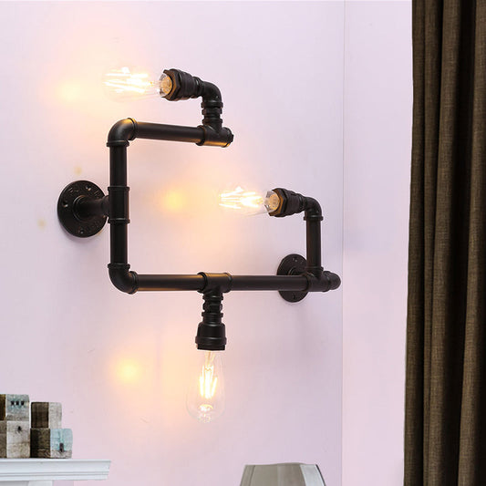 Frendorf | Industrielle Gedrehte Rohrwandlampe 3 Köpfe Eisen Wandmontierte Lichtquelle in Schwarz für Restaurant