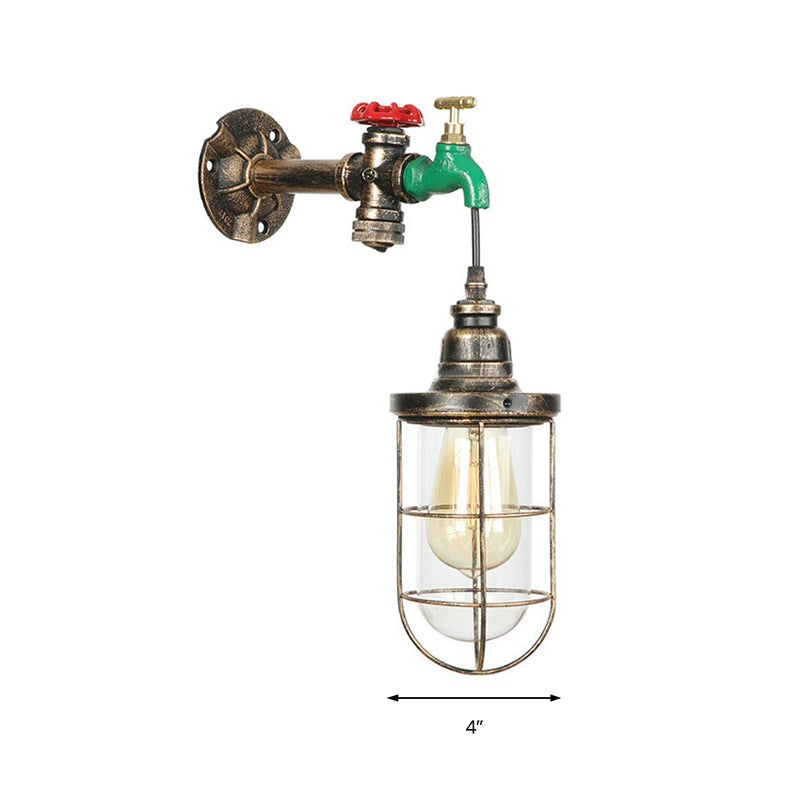 Frendorf | Faucet Design Metall Wandlampe Steampunk Stil 1 Glühbirne Balkon Wandleuchte mit Drahtschutz in Antikbronze