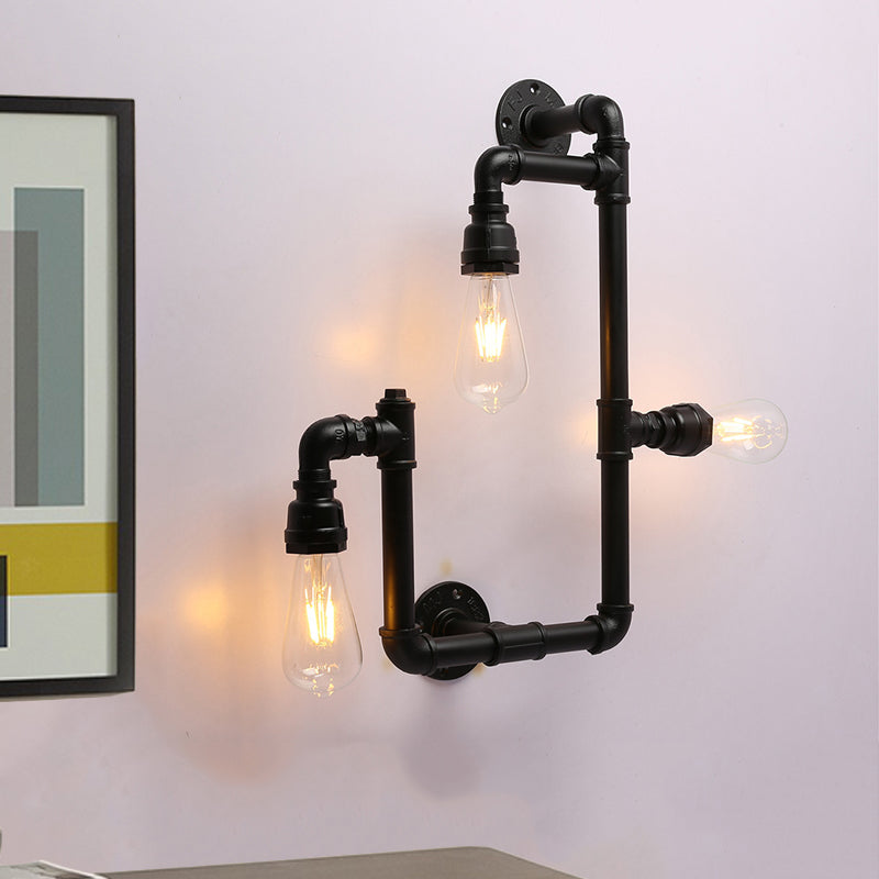 Frendorf | Industrielle Gedrehte Rohrwandlampe 3 Köpfe Eisen Wandmontierte Lichtquelle in Schwarz für Restaurant