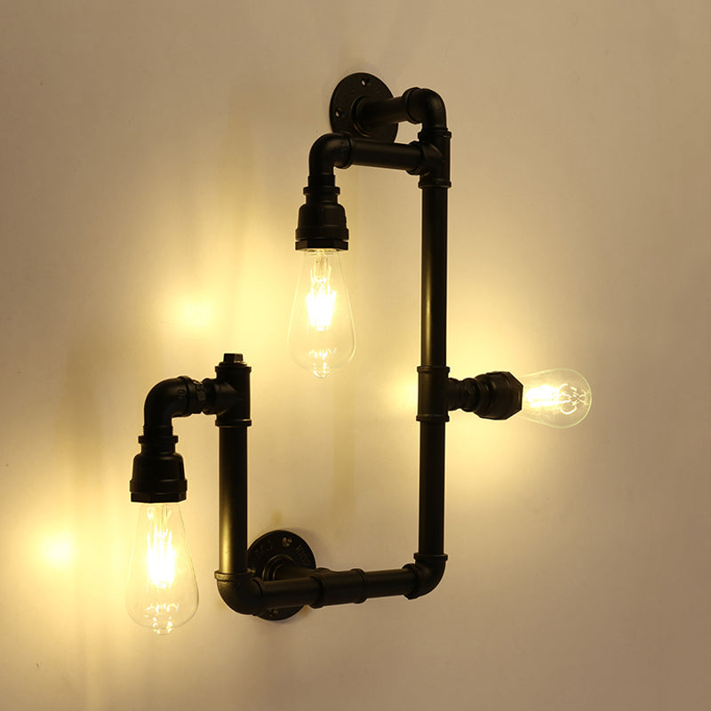 Frendorf | Industrielle Gedrehte Rohrwandlampe 3 Köpfe Eisen Wandmontierte Lichtquelle in Schwarz für Restaurant