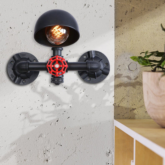 Frendorf | Steampunk Koepel Wandlamp Fixture met Ventielwiel 1 Hoofd Metallic Wandverlichting in Zwart voor Woonkamer