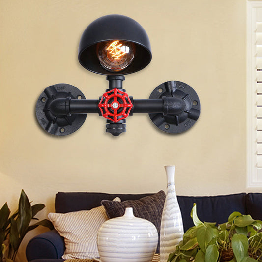 Frendorf | Steampunk Koepel Wandlamp Fixture met Ventielwiel 1 Hoofd Metallic Wandverlichting in Zwart voor Woonkamer