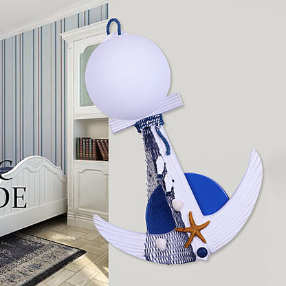 Frendorf | Anker Wandlamp Kinderen Hout Enkel Wit-Blauw Wandverlichting met Glazen Lampenkap en Stranddetail