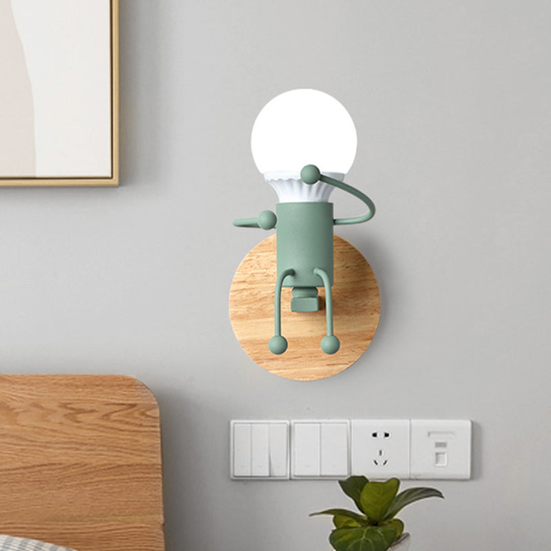 Naked Bulb Kleine Wandbeleuchtung Kreatives Eisen Einzelflammen Kinder Nachttisch Wandleuchte mit Roboter Design Lampenfassung in Grau/Grün/Weiß