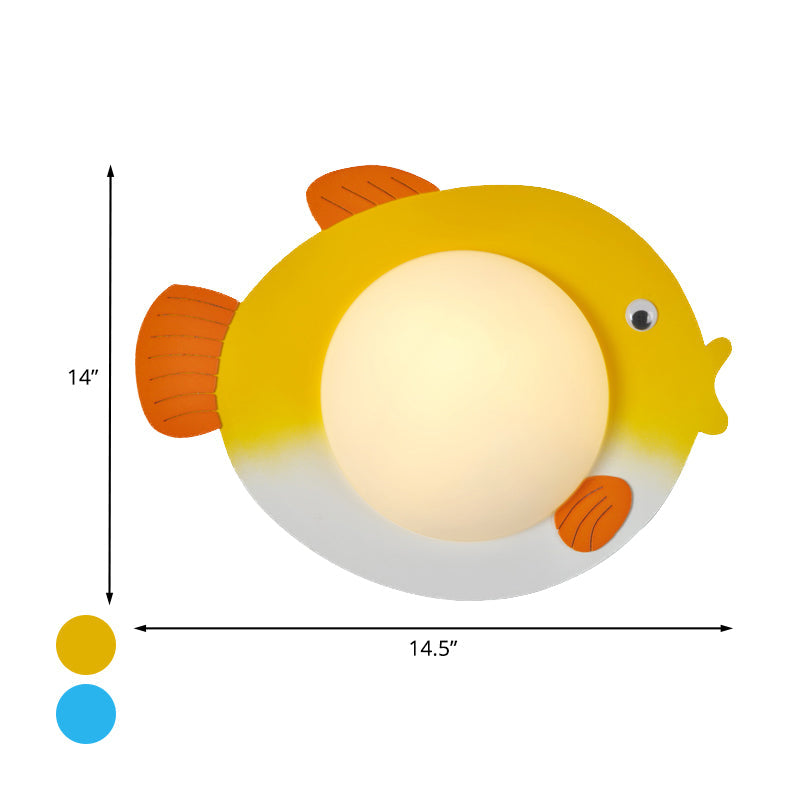 Frendorf | Frosted White Glass Mini Sphere Sconce Kids Blue/Yellow LED Wand Lichtarmatur mit Fish Backplate, Warm/Weiß Licht