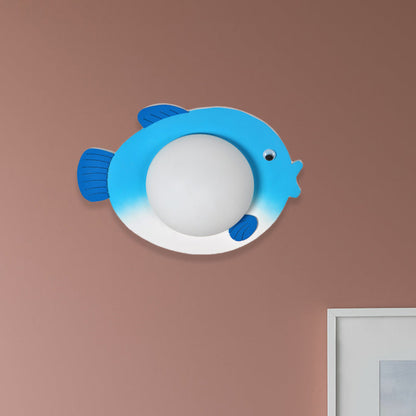 Frendorf | Frosted White Glass Mini Sphere Sconce Kids Blue/Yellow LED Wand Lichtarmatur mit Fish Backplate, Warm/Weiß Licht