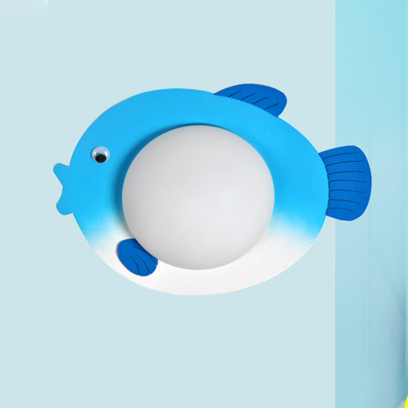 Frendorf | Frosted White Glass Mini Sphere Sconce Kids Blue/Yellow LED Wand Lichtarmatur mit Fish Backplate, Warm/Weiß Licht