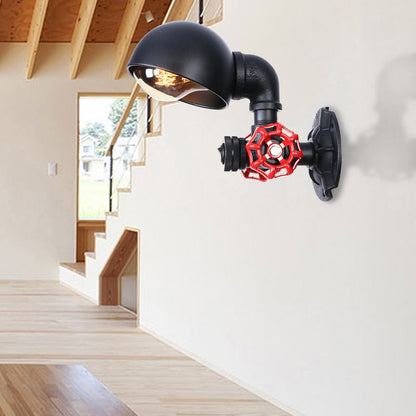Frendorf | Vintage Style Pipe Wandlamp Sconces met Koepelkap en Ventielwiel 1 Licht Metaal Wandarmatuur in Zwart