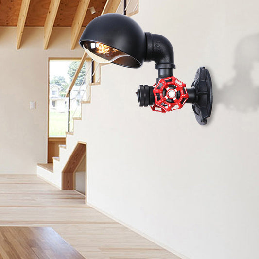 Frendorf | Vintage Style Pipe Wandlamp Sconces met Koepelkap en Ventielwiel 1 Licht Metaal Wandarmatuur in Zwart