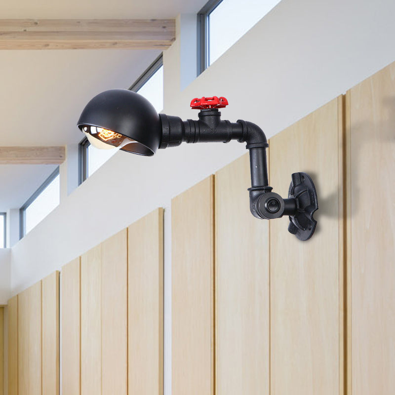 Frendorf | Vintage Style Pipe Wandlamp Sconces met Koepelkap en Ventielwiel 1 Licht Metaal Wandarmatuur in Zwart