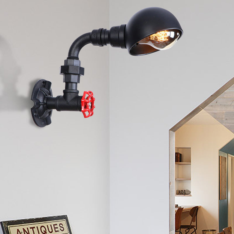 Frendorf | Zwarte Waterpijp Wandverlichting met Koepel Shade en Rode Klep Vintage IJzer 1 Lamp Trapwandarmatuur Licht