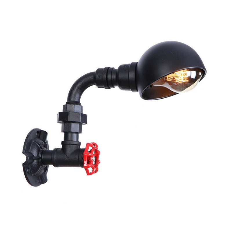 Frendorf | Zwarte Waterpijp Wandverlichting met Koepel Shade en Rode Klep Vintage IJzer 1 Lamp Trapwandarmatuur Licht