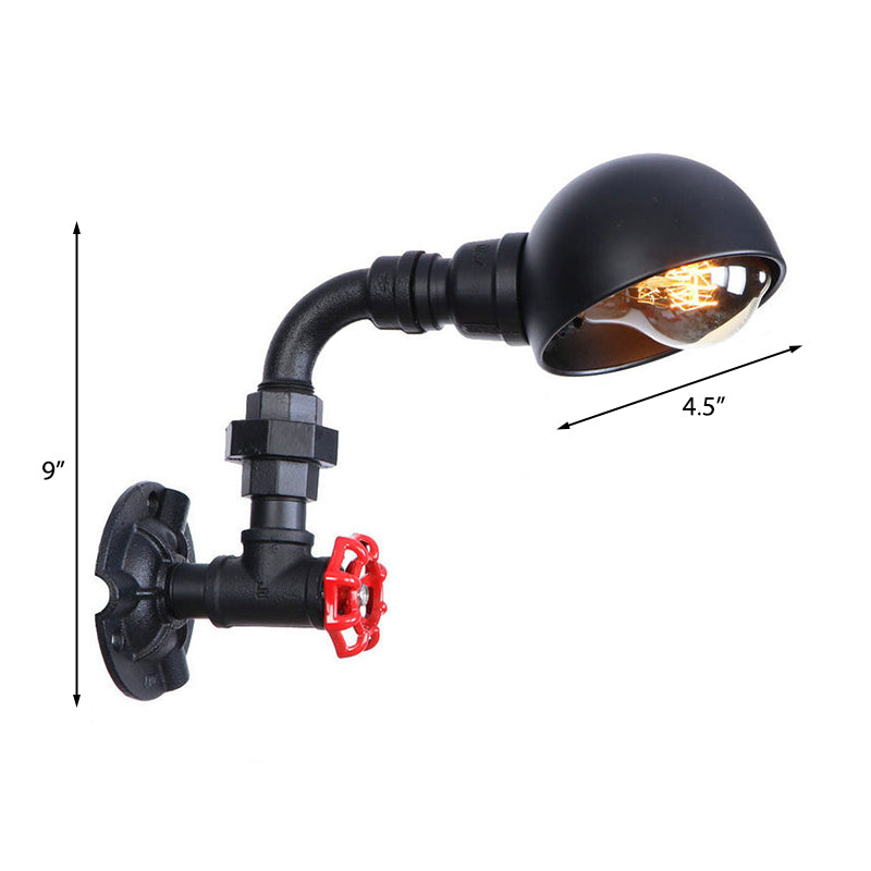 Frendorf | Zwarte Waterpijp Wandverlichting met Koepel Shade en Rode Klep Vintage IJzer 1 Lamp Trapwandarmatuur Licht