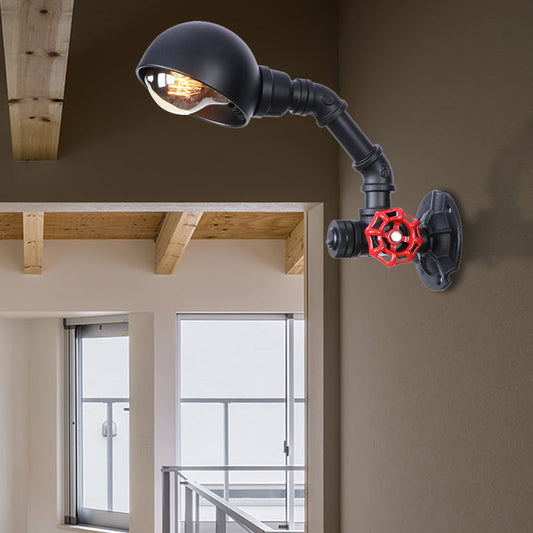 Frendorf | Zwarte Waterpijp Wandverlichting met Koepel Shade en Rode Klep Vintage IJzer 1 Lamp Trapwandarmatuur Licht