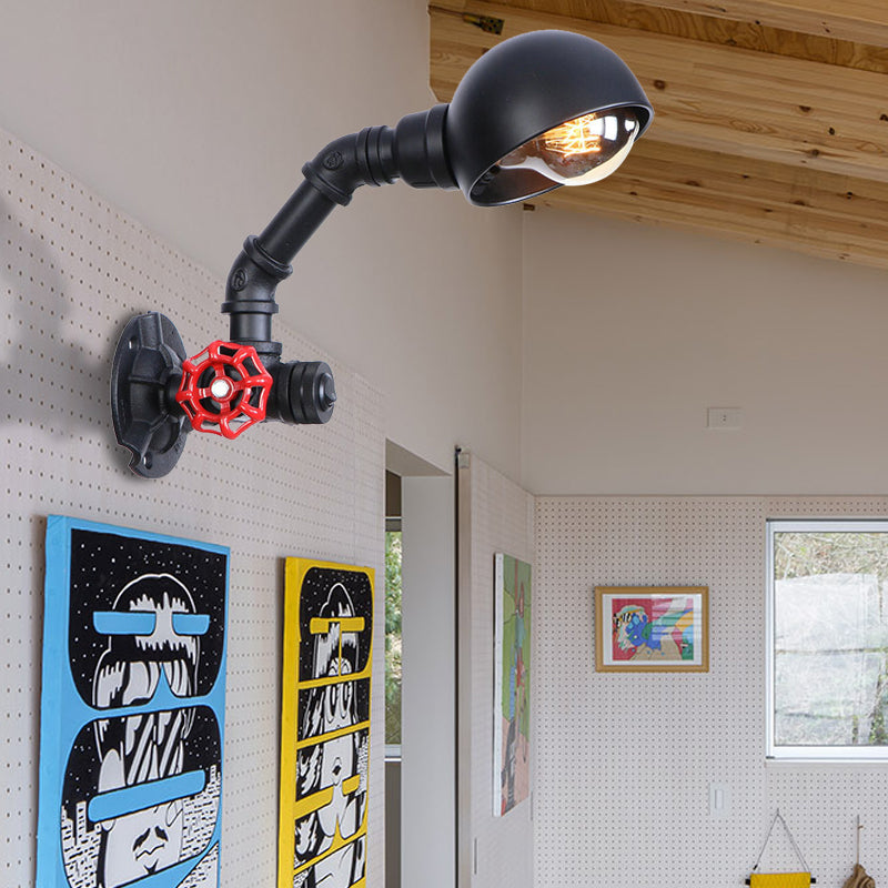 Frendorf | Zwarte Waterpijp Wandverlichting met Koepel Shade en Rode Klep Vintage IJzer 1 Lamp Trapwandarmatuur Licht