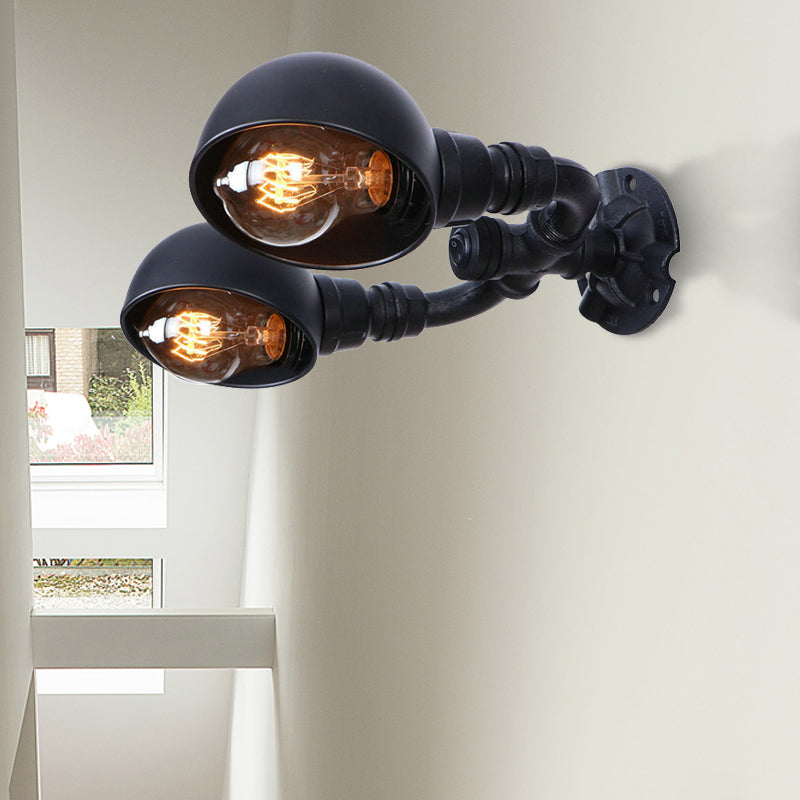 Frendorf | Schwarze 2-Glühbirnen-Wandleuchte Industriedesign Metall-Dom-Wandlampe mit Rohr für Flur
