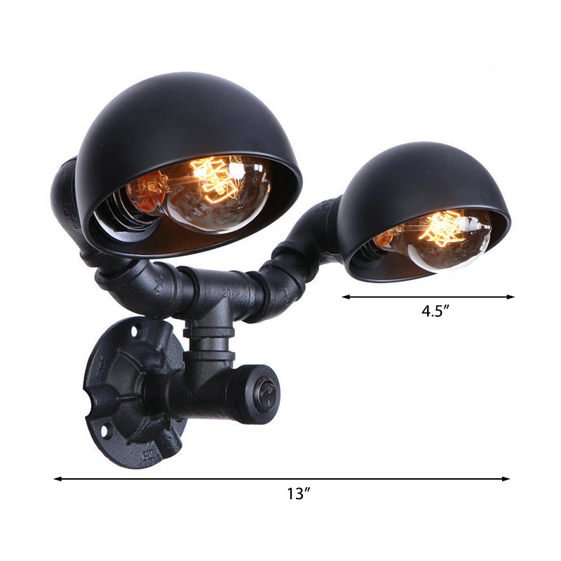 Frendorf | Schwarze 2-Glühbirnen-Wandleuchte Industriedesign Metall-Dom-Wandlampe mit Rohr für Flur