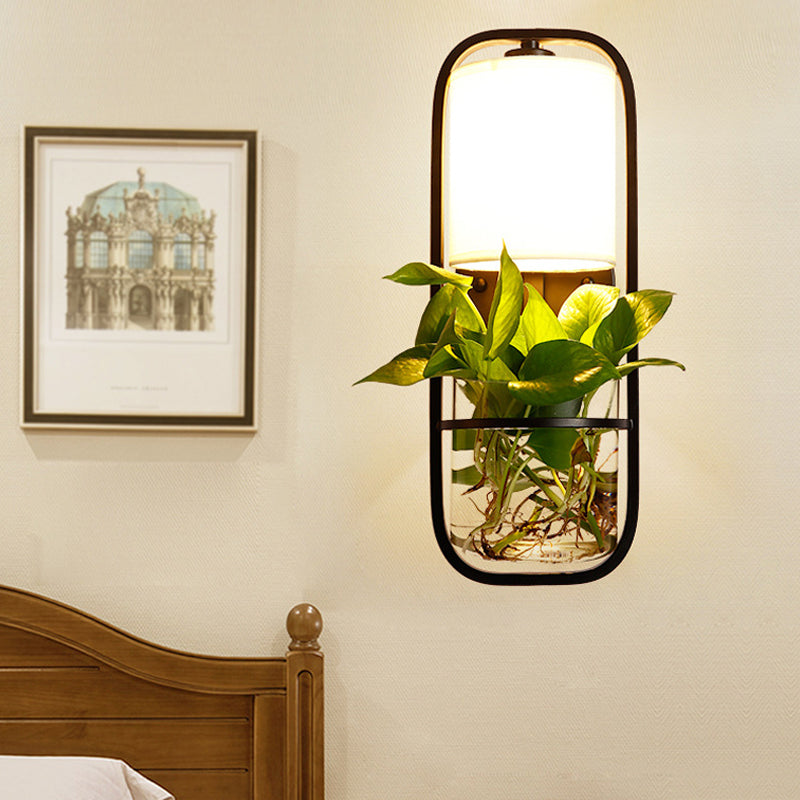 Frendorf | Stof Zwarte Wandlamp Cilindrisch 1 Hoofd Industriële Wandlamp met Rechthoekig Kooi en Plantencontainer