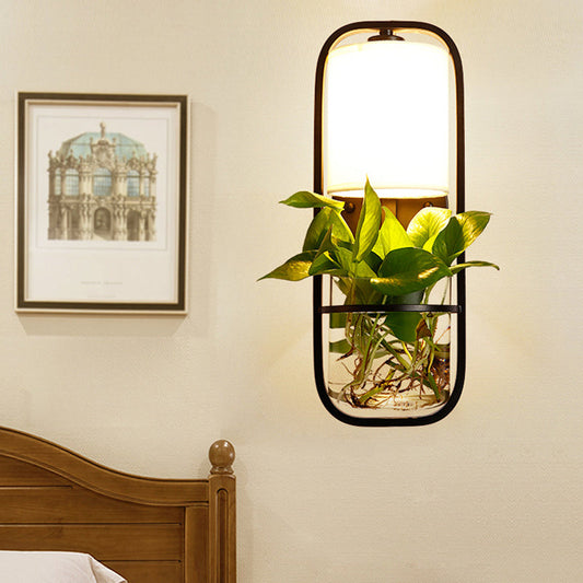 Frendorf | Stof Zwarte Wandlamp Cilindrisch 1 Hoofd Industriële Wandlamp met Rechthoekig Kooi en Plantencontainer